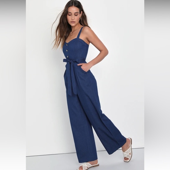 Your Best Crush Medium Wash Chambray Belted Wide-Leg Jumpsuit - Picture 3 of 4